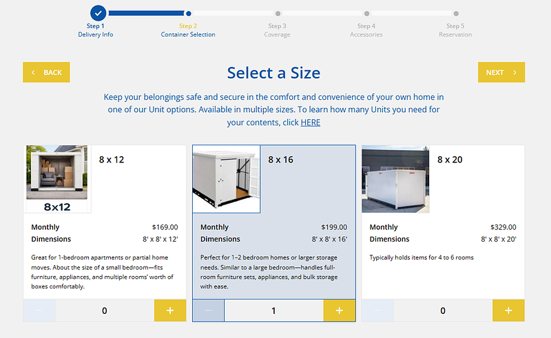 The Lily Pad Connect widget on an operator's site: step 2, choosing an 8×12, 8×16 or 8×20 container with monthly prices
